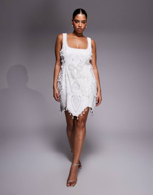 ASOS LUXE Curve gem encrusted mini dress with pearl embellishment & scallop hem in white, 2 of 4