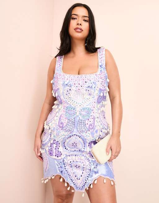 ASOS LUXE Curve gem encrusted mini dress with pearl embellishment & scalloped hem in blue