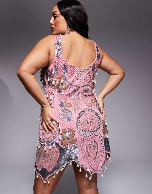 ASOS LUXE Curve gem encrusted mini dress with pearl embellishment & scalloped hem in pink