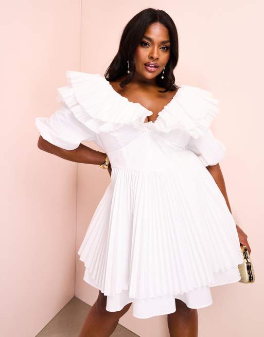 ASOS LUXE Curve - Geplooide mini skaterjurk van katoenen poplin in wit