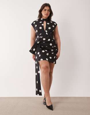 Curve - Gepunktetes Minikleid in Schwarz mit Oversize-Schleife und drapiertem Detail-Bunt Bunt 54