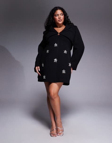 ASOS LUXE Curve - Gestructureerde, versierde jurk met lange mouwen in zwart - view 1