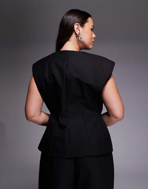 ASOS LUXE Curve - Gilet de tailleur d'ensemble cintré en lin mélangé - Noir, 3 de 4