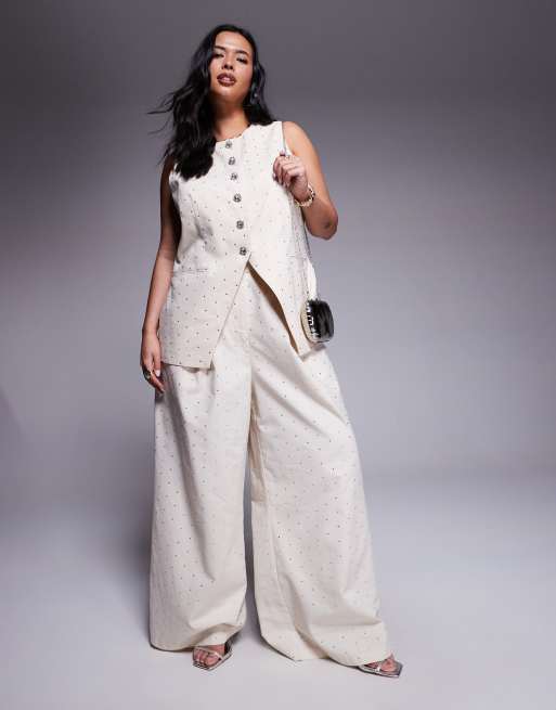 ASOS LUXE Curve - Gilet in lino con bottoni decorati e decorazioni fissate a caldo e pantaloni con fondo ampio color pietra
