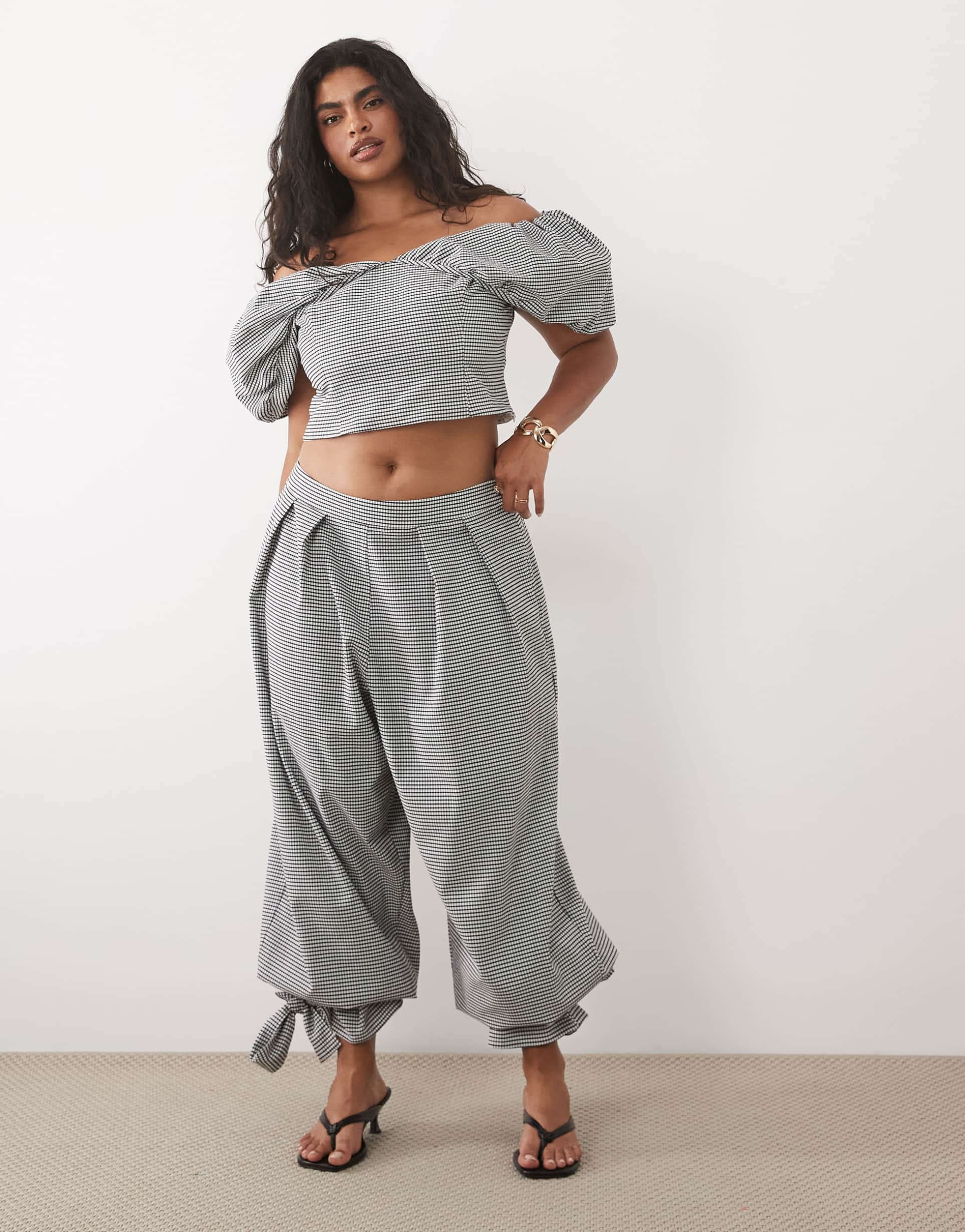 asos luxe curve gingham balloon pants with tie cuff - part of a set