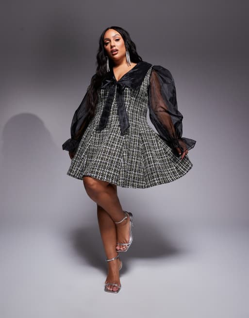 ASOS LUXE Curve glitter boucle dress with organza collar in black