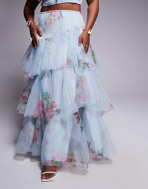 ASOS LUXE Curve - Gonna lunga in chiffon arricciato blu a fiori in coordinato, 2 di 5