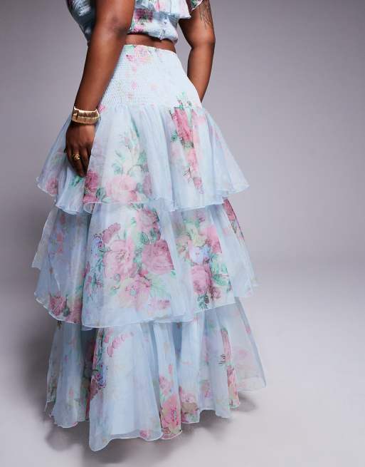 ASOS LUXE Curve - Gonna lunga in chiffon arricciato blu a fiori in coordinato, 4 di 5