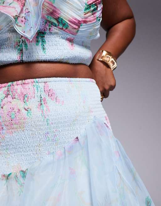 ASOS LUXE Curve - Gonna lunga in chiffon arricciato blu a fiori in coordinato, 5 di 5