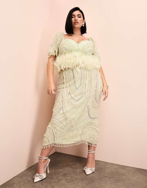 ASOS Luxe Curve - Gonna midi verde decorata con perle in coordinato