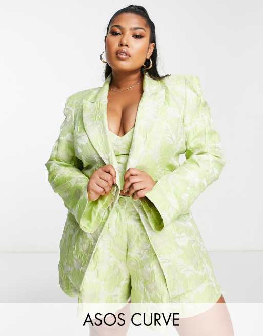 ASOS LUXE Curve – Grön kavaj i jacquard med axelvaddar, del av set