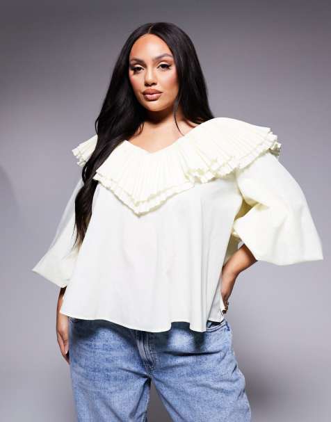 ASOS LUXE Curve – Gulvit, plisserad blus i bomullspoplin - view 1