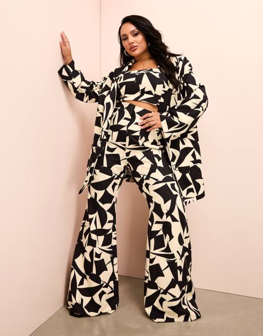 ASOS LUXE Curve - Habitbukser med svaj i sort og hvidt geometrisk print - Del af sæt