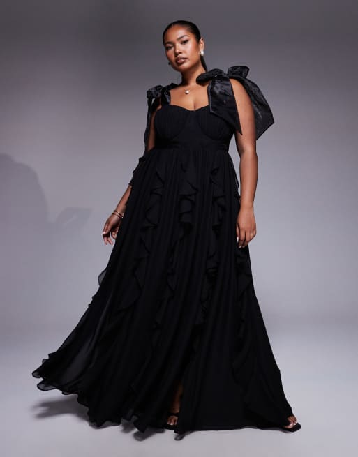 ASOS LUXE Curve halter maxi dress with waterfall ruffles in black