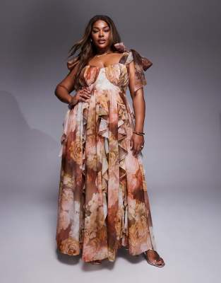 Asos Luxe Curve Halter Maxi Dress With Waterfall Ruffles In Multi
