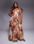 [ASOS LUXE] ASOS LUXE Curve halter maxi dress with waterfall ruffles in brown floral print-Multi 20 Brown floral