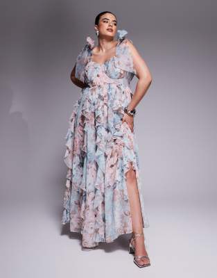 asos luxe curve halter maxi dress with waterfall ruffles in lace floral print