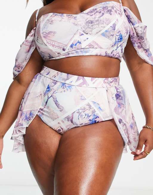 ASOS LUXE Curve high waist bikini bottoms with chiffon overlay in