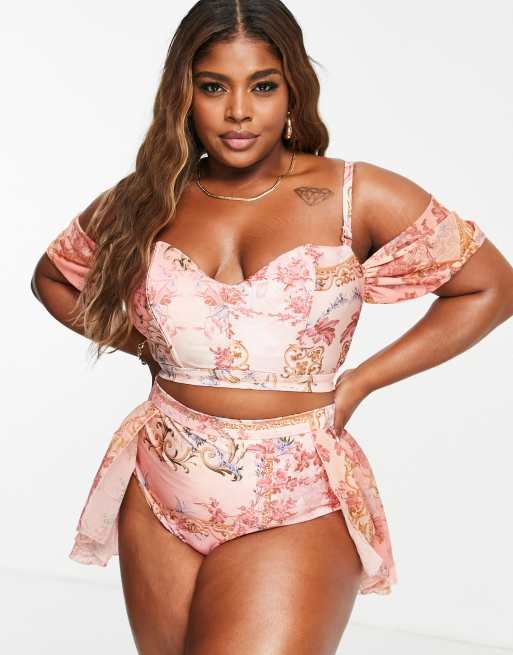 ASOS LUXE Curve high waisted bikini bottom with skirt overlay in scarf print