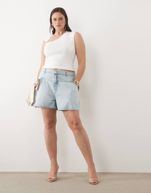 ASOS LUXE curve high waisted flippy shorts with 3D bow detail in blue, 3 of 5