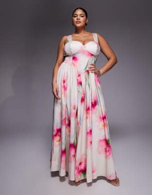 ASOS LUXE Curve - Hochwertiges Maxikleid mit überdimensionalem Blumenmuster-Bunt