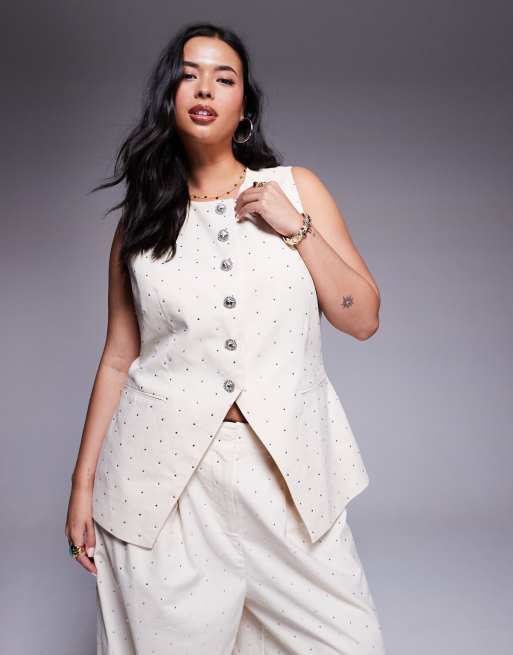 ASOS LUXE Curve hot fix linen blend waistcoat with embellished buttons in stone (part of a set)