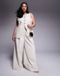[ASOS LUXE] ASOS LUXE Curve hot fix linen blend wide leg pants in stone (part of a set)-White 20 STONE