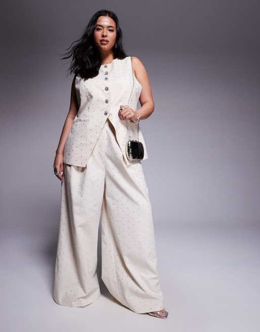 ASOS LUXE Curve hot fix linen blend wide leg pants in stone (part of a set)