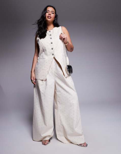 ASOS LUXE Curve hot fix linen waistcoat with embellished buttons and wide leg trouser in stone - view 1