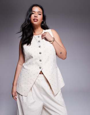 [ASOS LUXE] ASOS LUXE Curve hotfix emebllished linen-blend waistcoat in cream (Part of a set)-White 18 STONE