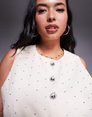Asos Luxe Curve Hotfix Linen Mix Vest With Embellished Buttons