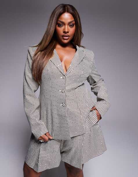 ASOS LUXE Curve co-ord houndstooth blazer with bow back in brown sequin