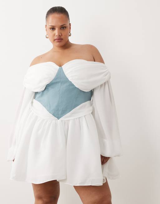 ASOS LUXE Curve - Hvid offshoulder-minikjole i tyl med blå korset-talje, 2 af 4