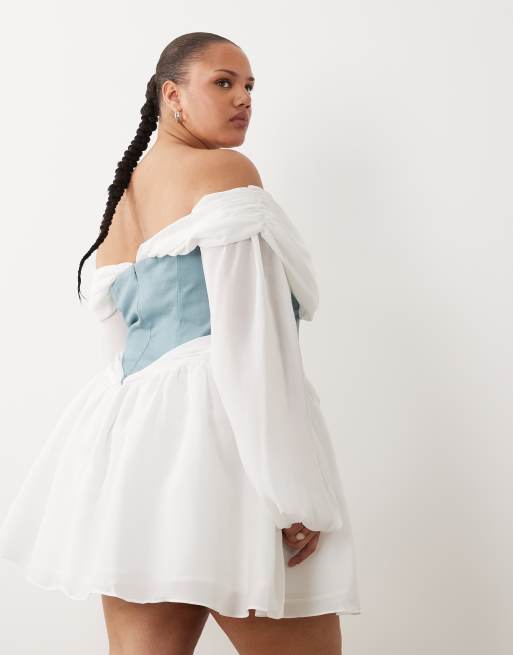 ASOS LUXE Curve - Hvid offshoulder-minikjole i tyl med blå korset-talje, 4 af 4