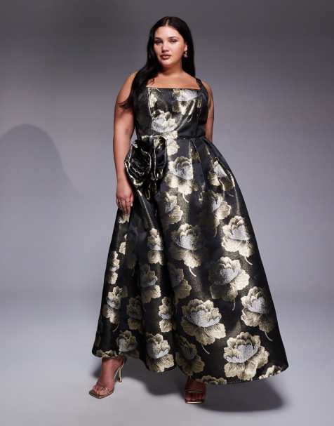 ASOS LUXE Curve jacquard 3D floral maxi dress in black and gold - view 1