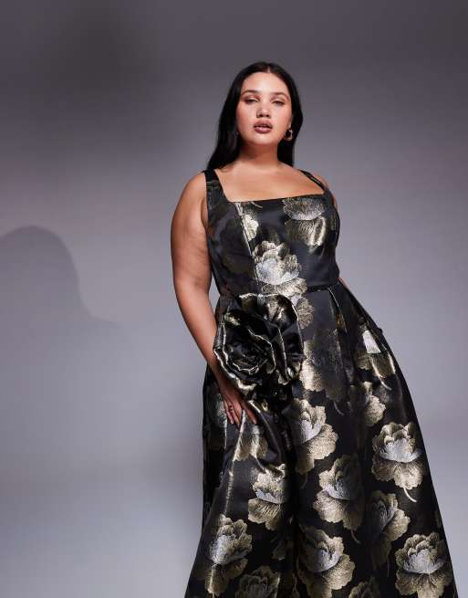 ASOS LUXE Curve jacquard 3D floral maxi dress in black and gold, 2 of 4