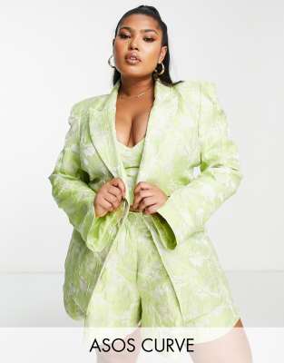 ASOS LUXE Curve - Jacquard-Blazer in Grün mit Schulterpolstern