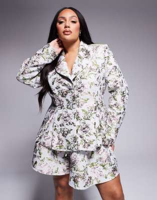 ASOS LUXE Curve - Jacquard-Blazer mit Schnürung und Vintage-Blumenmuster, Kombiteil-Bunt