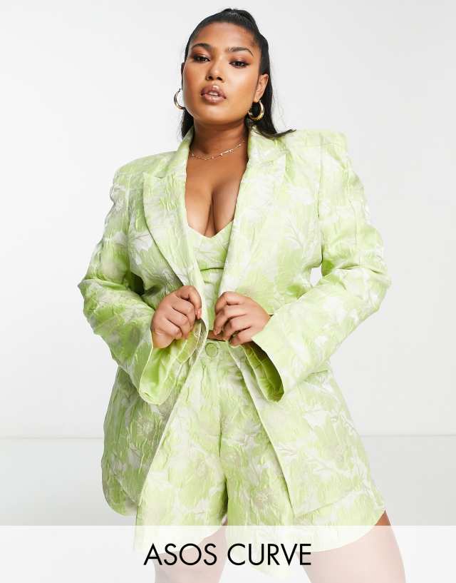 ASOS LUXE Curve jacquard blazer with shoulder pads in green - part of a set