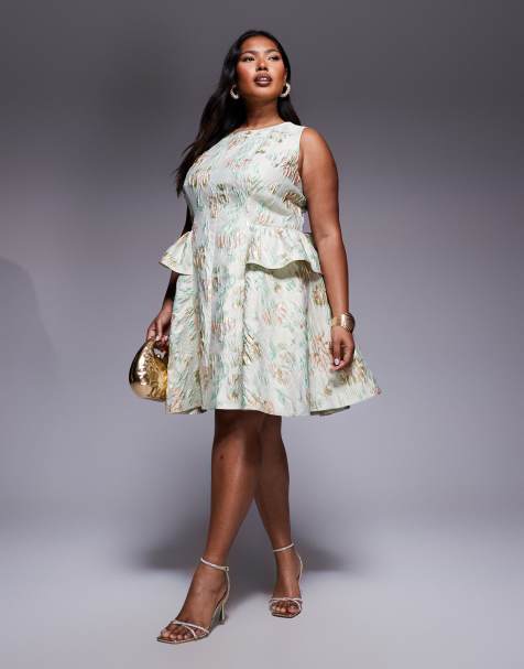 ASOS LUXE Curve jacquard bow back mini dress in sage floral - view 1