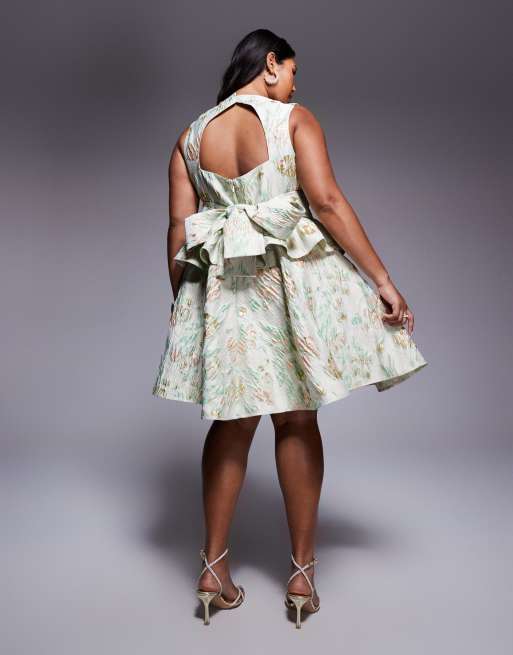 ASOS LUXE Curve jacquard bow back mini dress in sage floral, 3 of 4