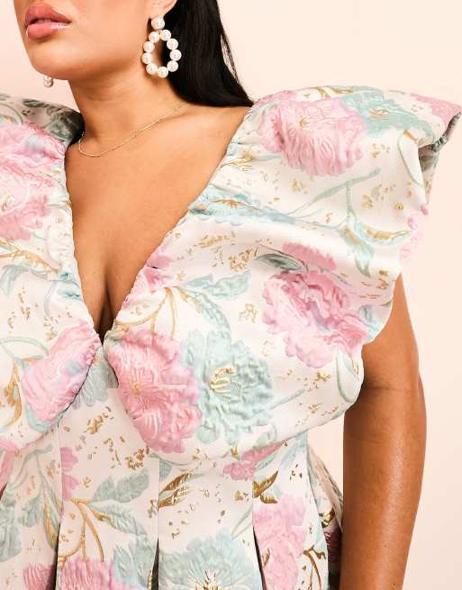 ASOS LUXE Curve jacquard bubble plunge dress in pink floral, 2 of 4