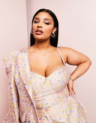 ASOS LUXE Curve - Jacquard-Bustier in Rosa mit Körbchen und Blumenmuster, Kombiteil-Bunt