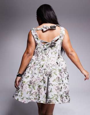 Asos Luxe Curve Jacquard Cinched Waist Skater Mini Dress With Bow Back In Multi