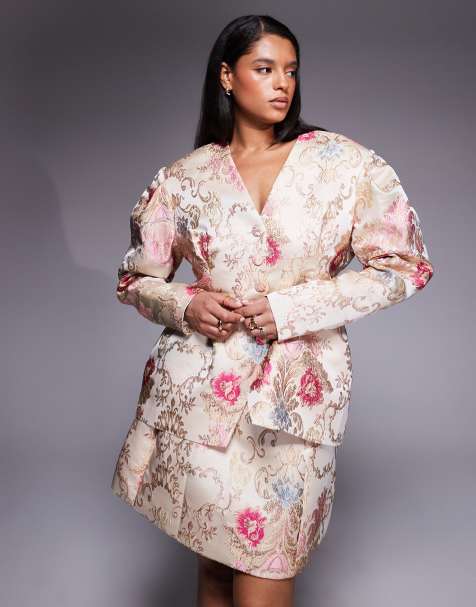 ASOS LUXE Curve jacquard extreme shoulder cinched blazer in white floral (part of a set) - view 1