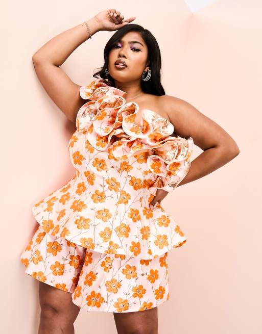 ASOS LUXE Curve jacquard flippy shorts in orange floral part of a set ASOS