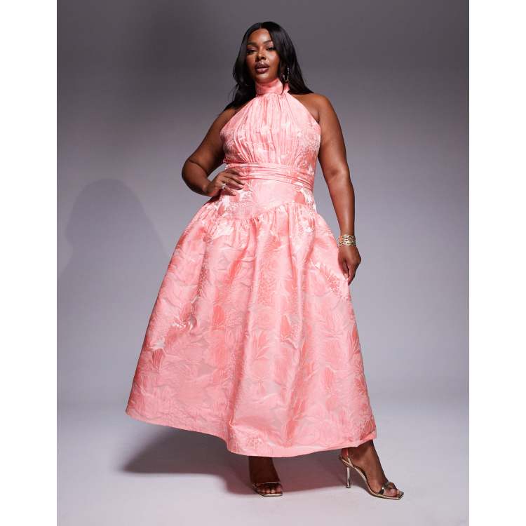 ASOS LUXE Curve jacquard maxi dress with bow in bright pink