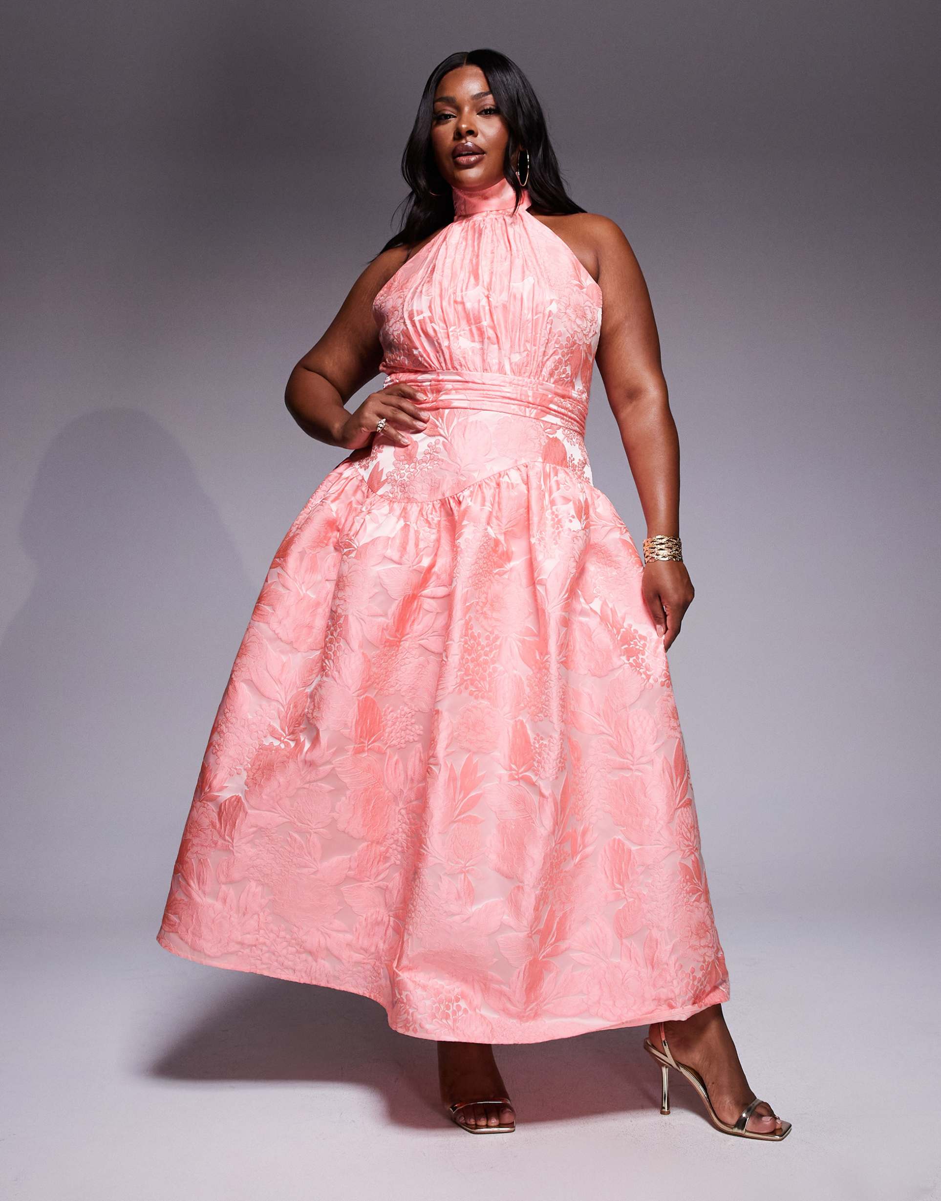 asos luxe curve jacquard maxi dress with bow in bright pink floral