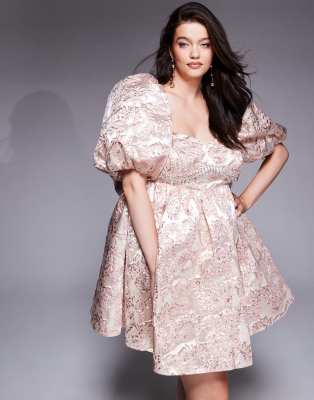 ASOS LUXE Curve - Jacquard-Minikleid in Rosa mit Puffärmeln und verzierter Brustpartie