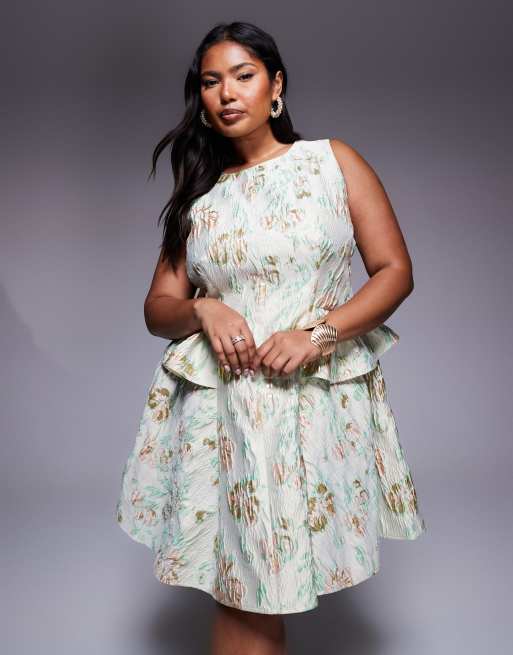 ASOS LUXE Curve – Jacquard-Minikleid in Salbeigrün mit Rückenschleife und Blumenmuster, 2 von 4